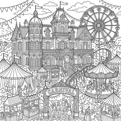 Dive into a world of whimsical fun with this spectacular coloring page, bringing a lively carnival right to the grounds of a majestic mansion. Teens will love adding their personal touch to every intricate detail, from thrilling rides to cheerful carnival-goers.
