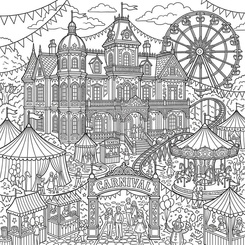 Dive into a world of whimsical fun with this spectacular coloring page, bringing a lively carnival right to the grounds of a majestic mansion. Teens will love adding their personal touch to every intricate detail, from thrilling rides to cheerful carnival-goers.
