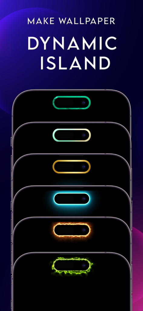 Multiple iPhone screens displaying different glowing wallpaper styles to customize the Dynamic Island