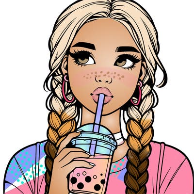 realistic girl with braided hair drinking boba