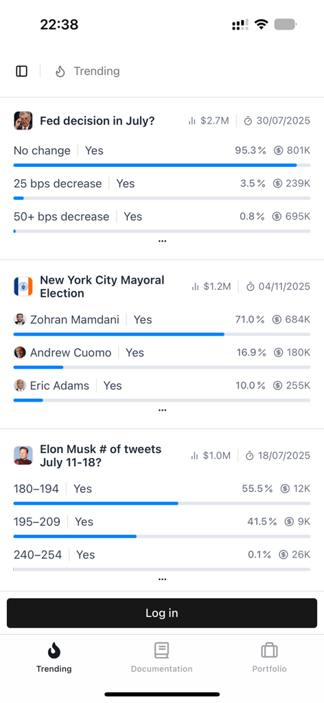 Polymtrade app trending tab displaying prediction markets for Fed decisions and political elections.