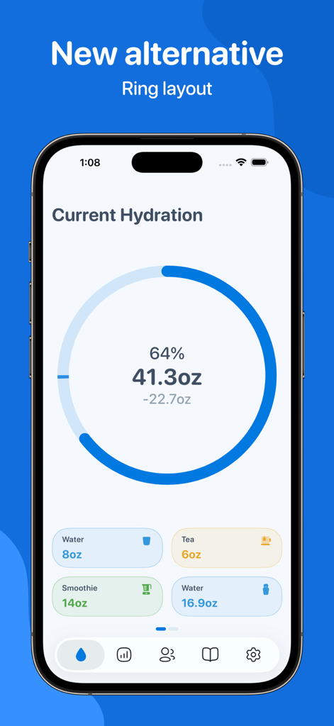 Water Tracker by WaterMinder® - WaterMinderアプリのインターフェース。新しい代替リングレイアウトデザインで水分補給の進捗を表示