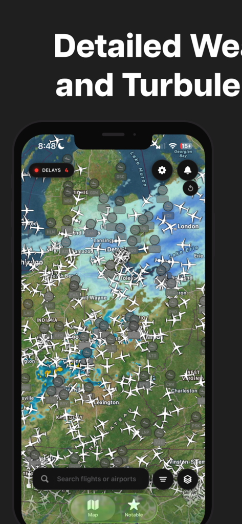 FlightDeck - Flight Tracker - A mobile interface of FlightDeck app showing a live flight tracking map over the Great Lakes region with real-time weather radar and delay alerts.