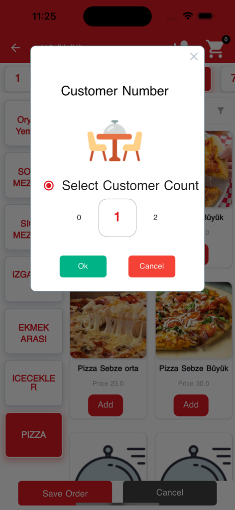 Phenix Smart Waiter mobile app screen showing a pop-up to select the number of customers for a restaurant order.
