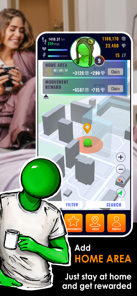 Life2App Activity & Time - Life2App interface showing a 3D map with a designated home area and gamified rewards for staying active
