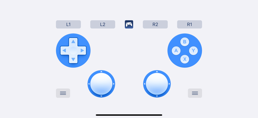 Layout de controle digital com d-pad, botões de ação e joysticks para emulação de console móvel