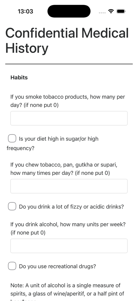 Clinipad Soei - Digital medical history intake form on Clinipad Soei app for patient habits.