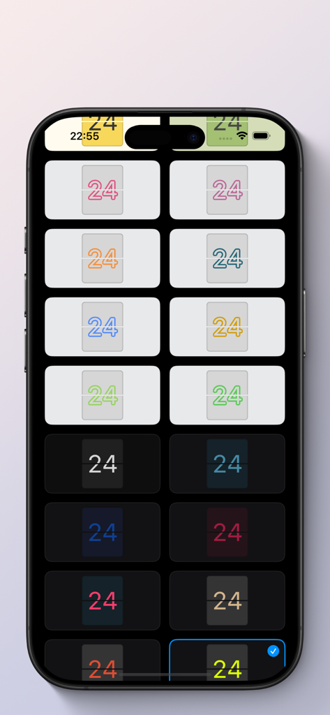FlipKlok: FlipClock & Pomodoro - A grid of various light and dark color themes for the FlipKlok flip clock app interface