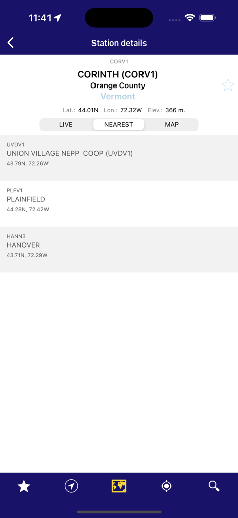 NOAA Snow Live Weather - Details of the Corinth snow station in Vermont showing latitude longitude and elevation with a list of nearby stations