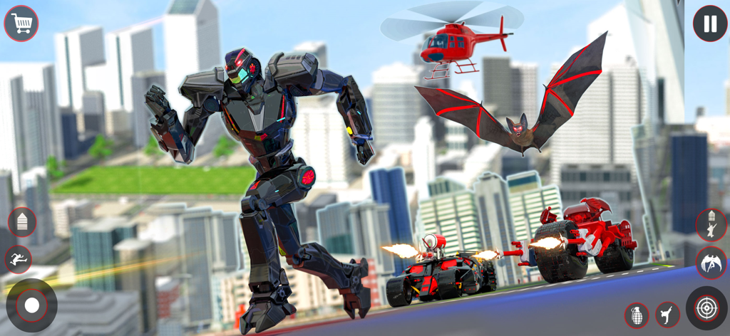 Flying Robot Transforming Game - Un robot mecha negro corriendo por una ciudad con vehículos de combate y un enemigo murciélago volador