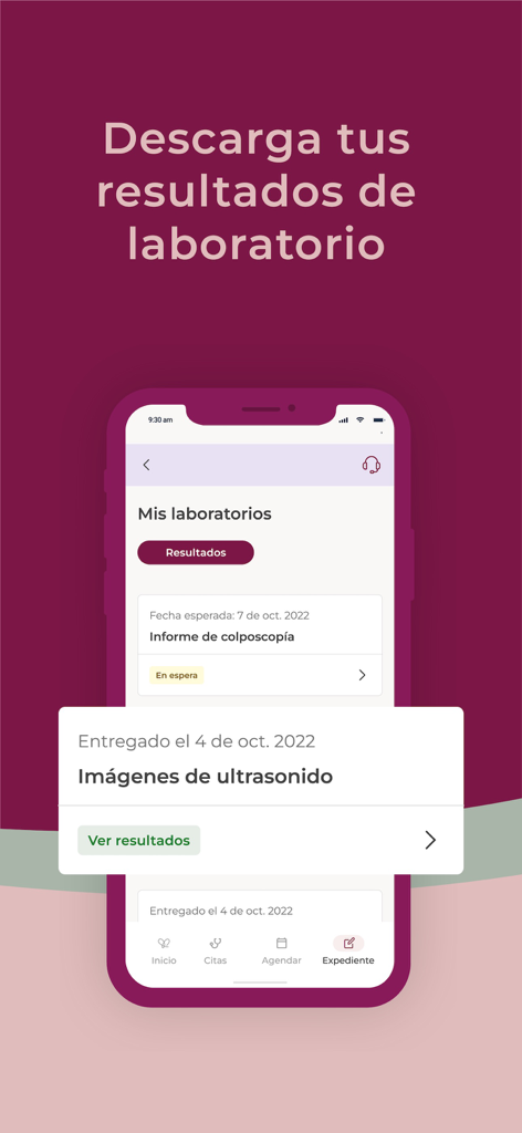 Plenna app interface showing downloadable medical laboratory results for ultrasound and colposcopy