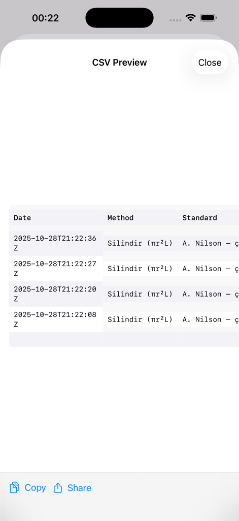 Timber Volume Master - Un aperçu CSV de l'historique des calculs de volume de bois montrant les dates, les méthodes et les normes