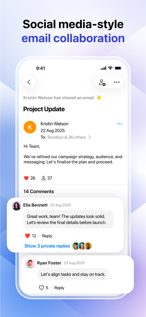 Zoho Mail - Email and Calendar - Zoho Mail app interface showing social media style email collaboration with comments and likes