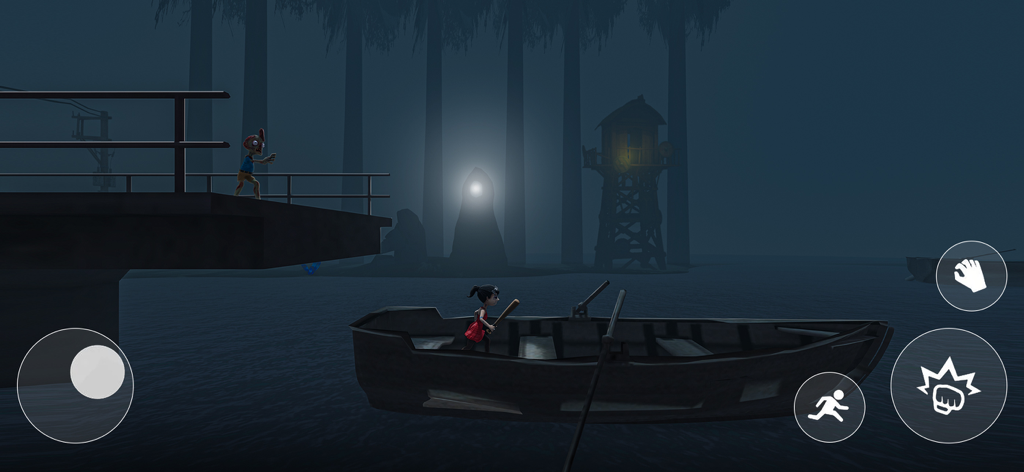 The Escape Story -Survival RPG - A girl in a red dress on a boat in a dark foggy river scene from a survival horror game.