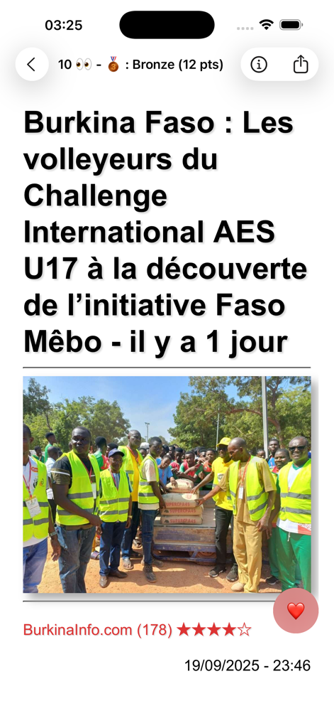 A screenshot of a news article about Burkina Faso volleyball players and a social initiative in the Burkina Actu app interface