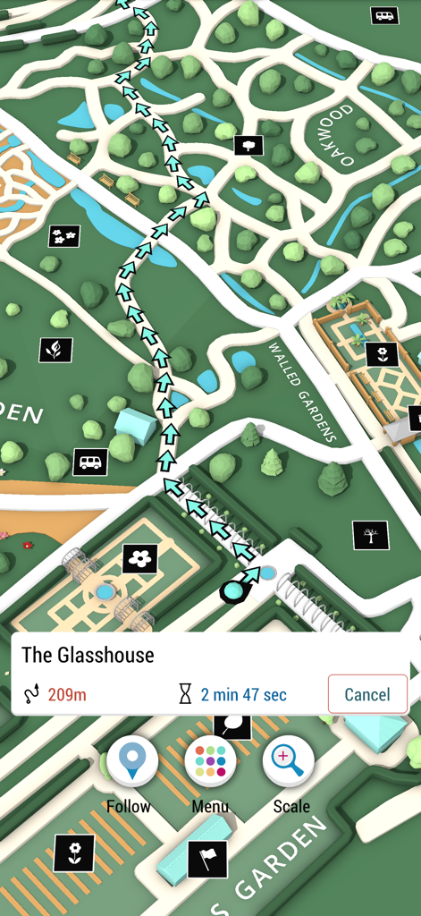Wisley Gardens Interactive Map - Interactive 3D map of Wisley Gardens showing a guided walking path to the Glasshouse with time and distance indicators