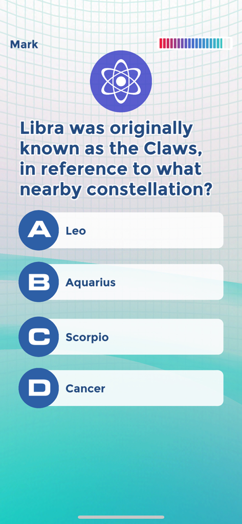 Trivia: Knowledge Trainer Pro - Interface of the Trivia Knowledge Trainer Pro app showing a science-themed multiple choice question about constellations.