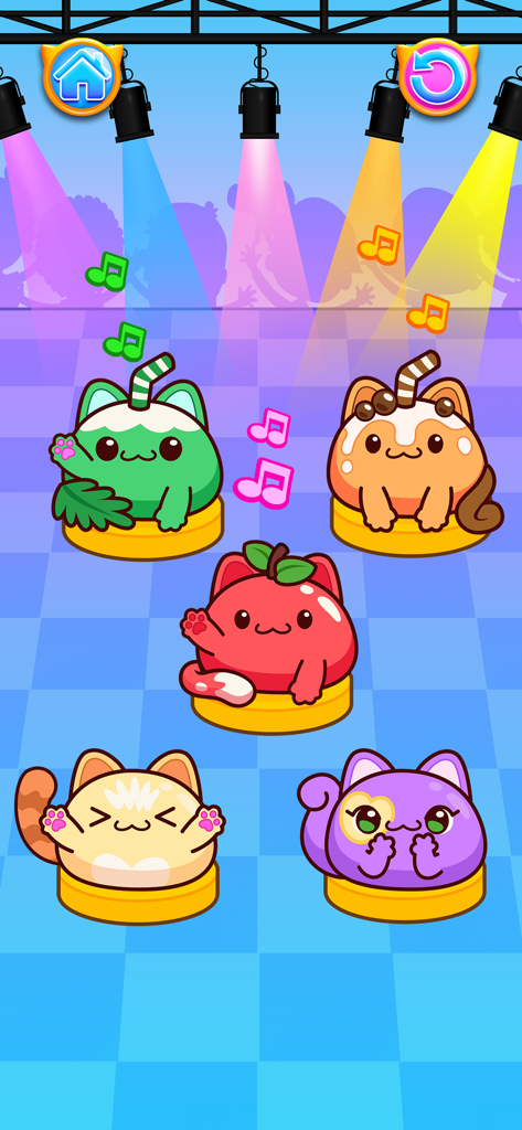 SnugBoo Cats World of Music - 鮮やかなスポットライトが付いた音楽ステージにいる5匹のカラフルな丸い子猫キャラクター