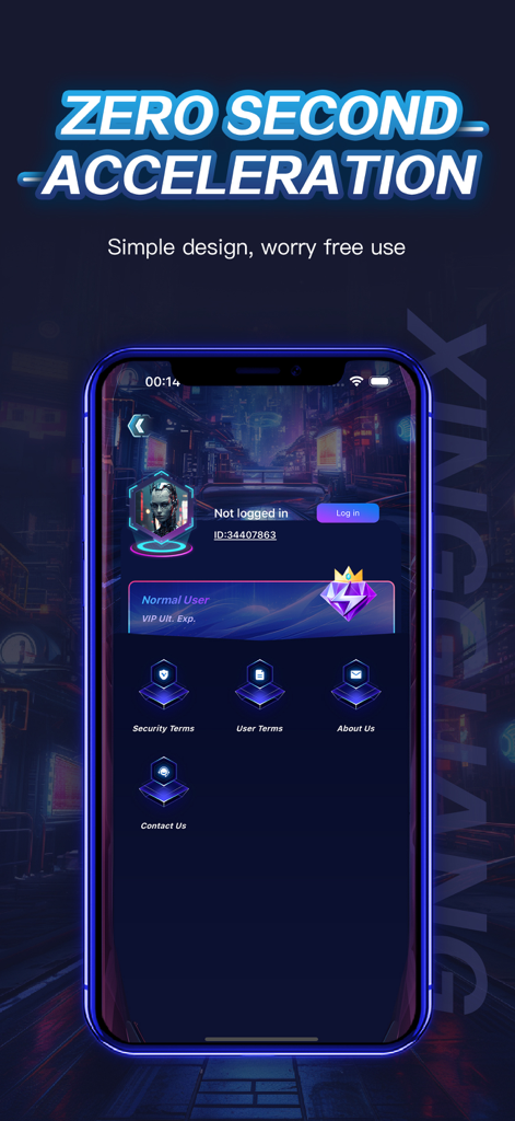 ap network VPN-专线网络加速器 - AP Network VPN mobile app interface showing user account settings and zero second acceleration headline.