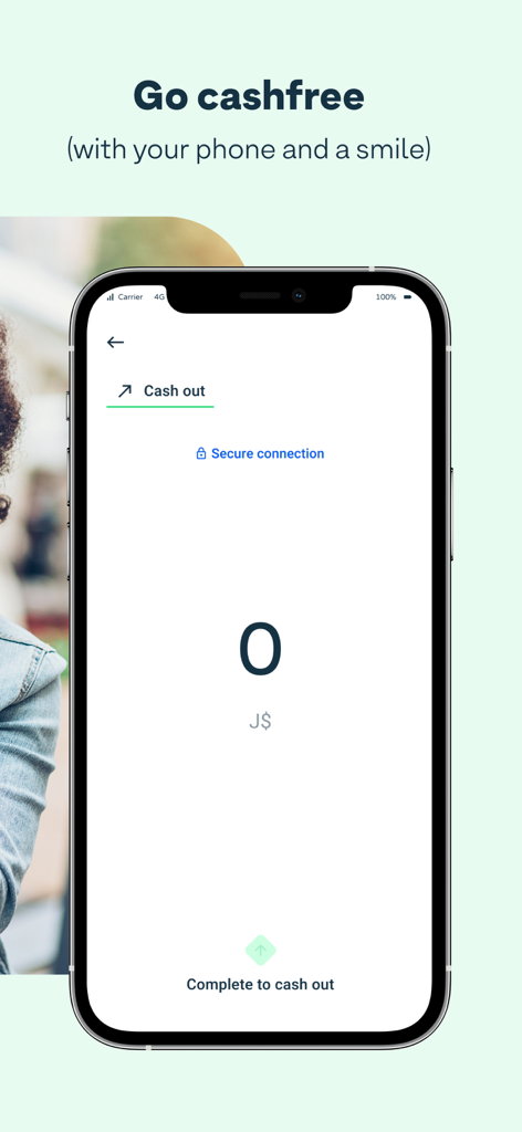 Lynk - Digital Payments - Lynk mobile app interface showing the cash out screen for Jamaican Dollars with a secure connection label