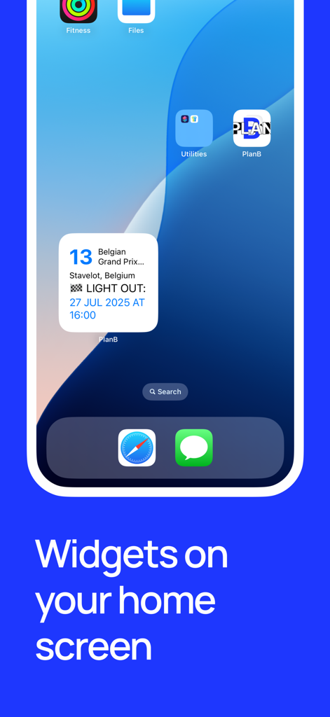 PlanB – F1 Companion 2026 - PlanB F1 Companion app widget on an iPhone home screen showing Belgian Grand Prix race time.