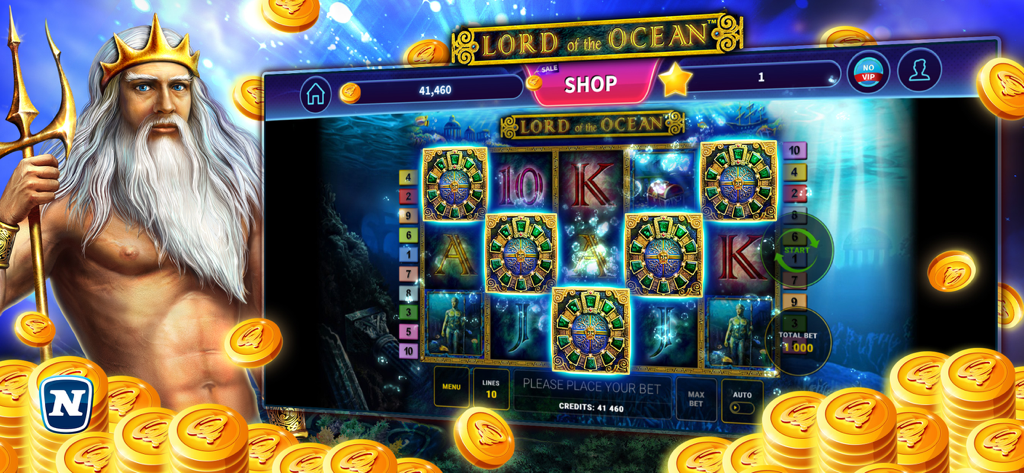 Lord of the Ocean™ Slot - Gameplay screenshot of Lord of the Ocean slot machine featuring Poseidon and golden coins