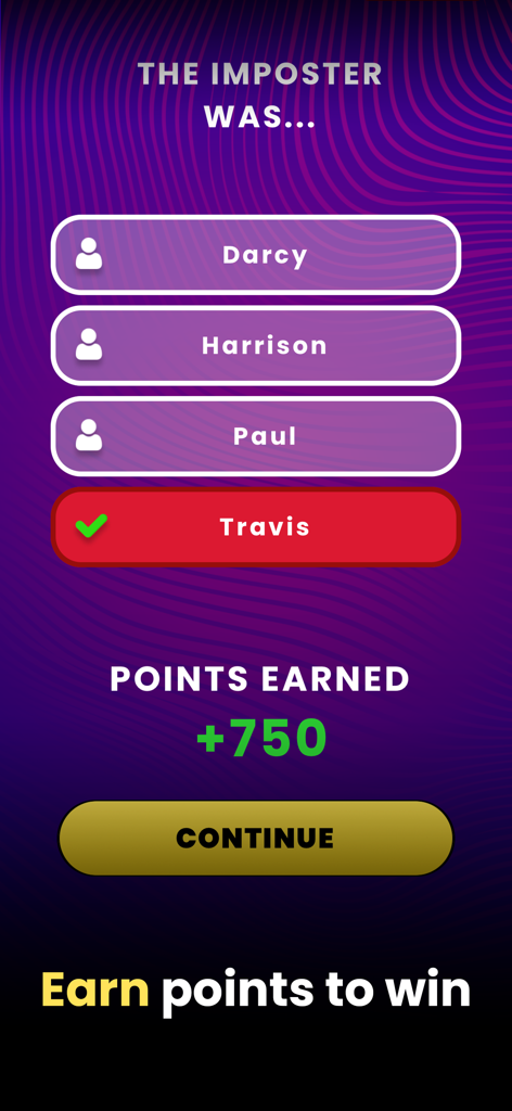 Who Is The Imposter? - Uma tela de resultados no aplicativo Quem É O Impostor mostrando que o impostor era Travis e 750 pontos foram ganhos.