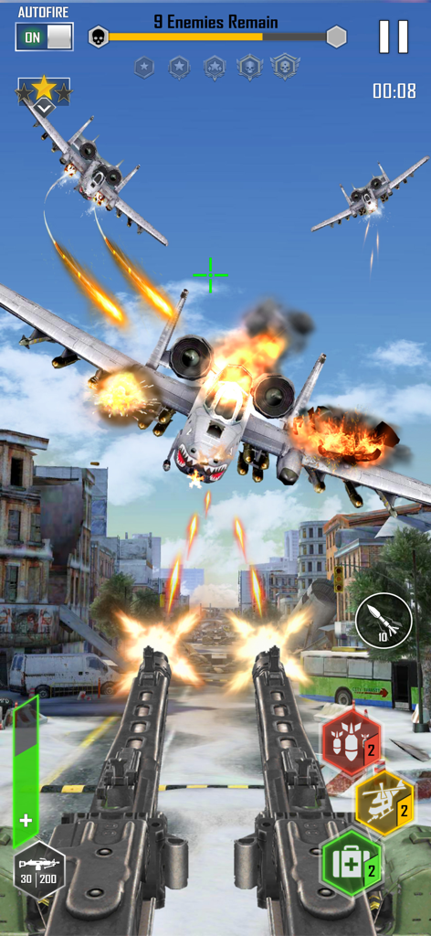 Sky Defense: War Duty - Action-packed gameplay showing machine guns shooting at an exploding enemy plane in a destroyed city.