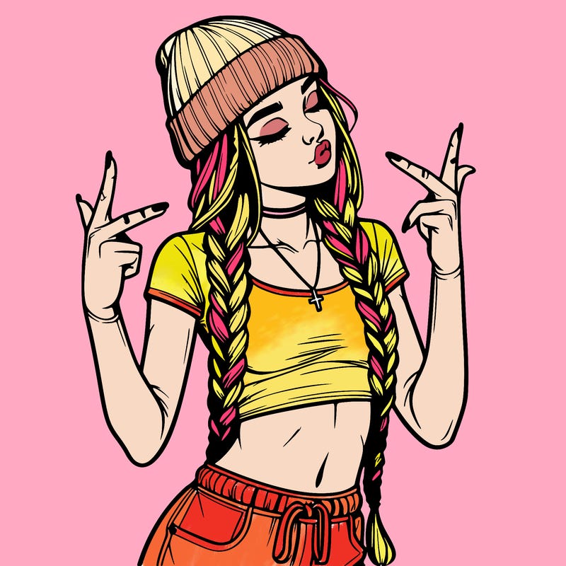 realistic teenage girl with braids and a beanie and crop top doing 🫶🏼
