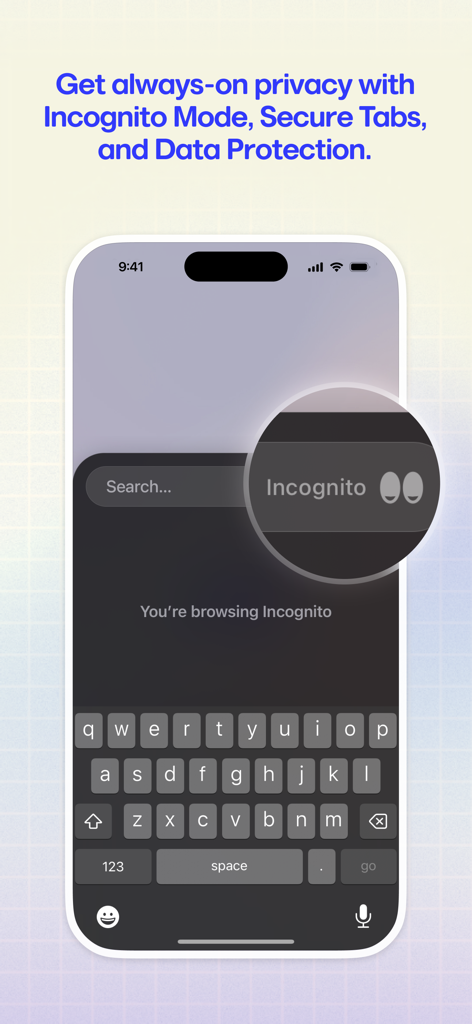 Arc Search mobile app showing the incognito mode interface for private and secure browsing.