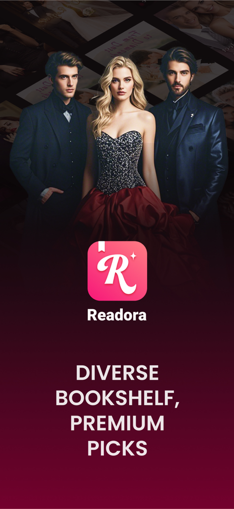 Readora app promotional screen featuring characters from a romance novel and text that says Diverse Bookshelf Premium Picks