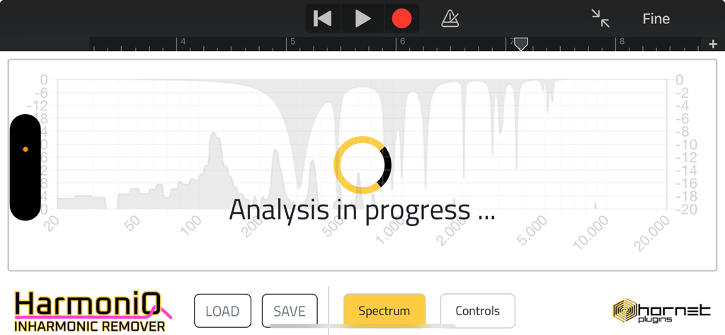 HoRNet HarmoniQ - HoRNet HarmoniQ app interface showing real-time audio frequency analysis in progress with a loading circle over a spectrum graph