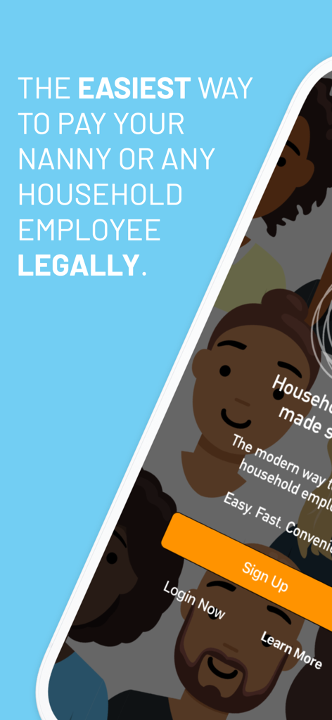 Nest Payroll app screen for paying household employees legally with diverse employee avatars.