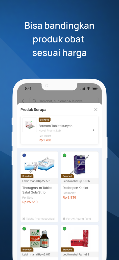 Medicastore - Medicastore app interface showing similar medical products with price comparisons in Indonesian Rupiah
