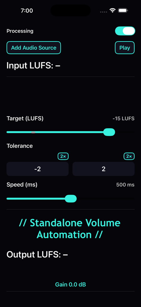The Leveler - Tableau de bord de l'application The Leveler affichant les paramètres de normalisation LUFS et les commandes d'automatisation du volume