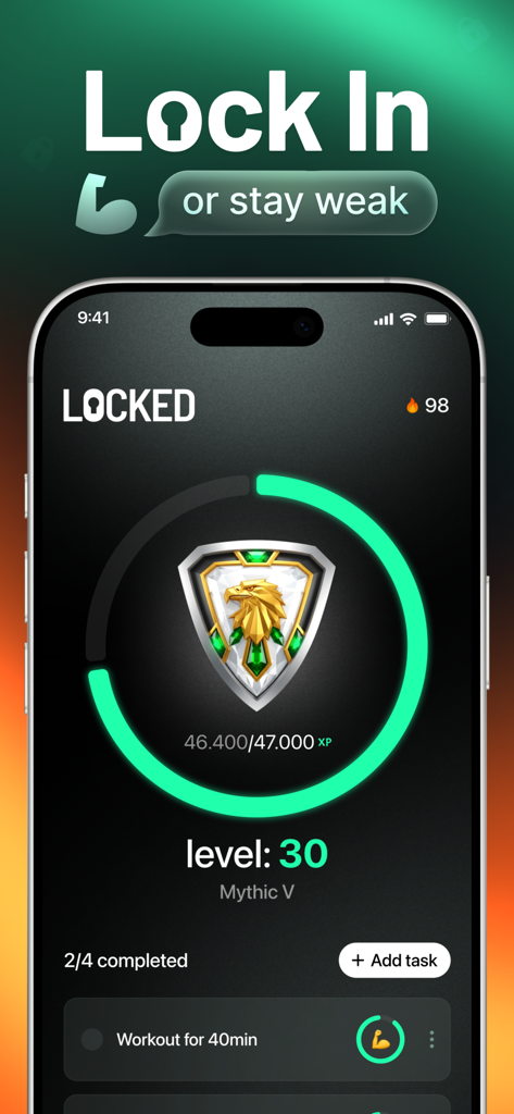 El panel de progreso gamificado de la aplicación LOCKED muestra el estado de nivel 30 y el rango Mythic V con una barra de progreso y un escudo de águila