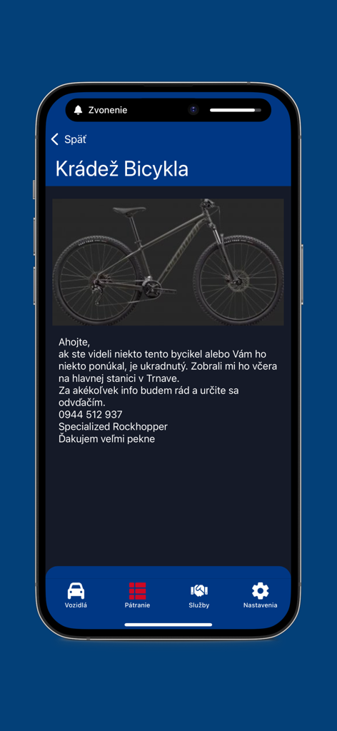 HAKA System+ - Pantalla de la aplicación HAKA System plus que muestra un informe comunitario de una bicicleta de montaña Specialized robada