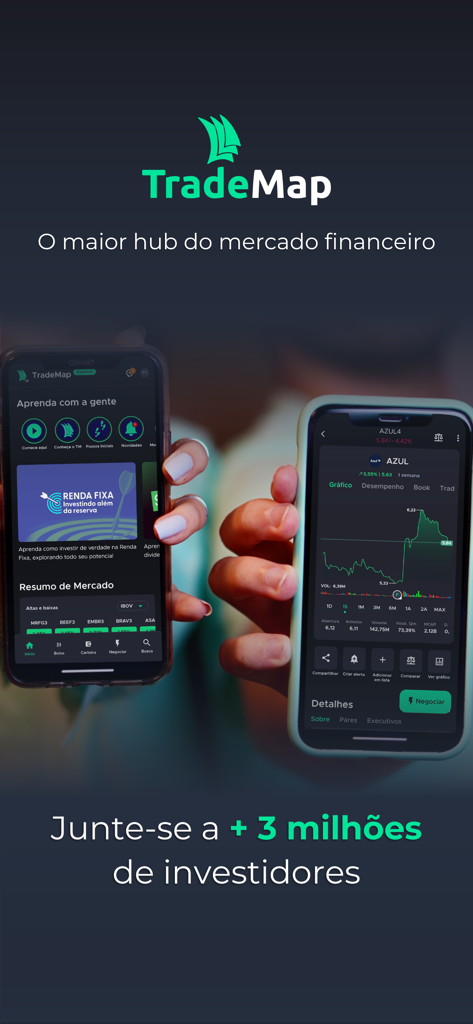 TradeMap: Acompanhe suas ações - TradeMap investment app interface on smartphones showing stock charts and market analysis