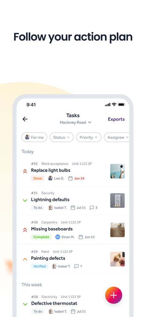 Finalcad One mobile app interface displaying a construction project task list and action plan.