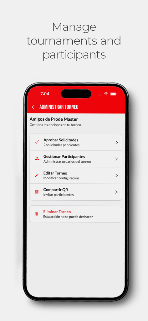 Smartphone screen showing the tournament management menu in the Prode Master app