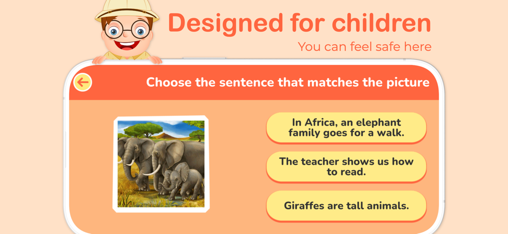 I Read: Reading Comprehension - I Read app screen showing a reading comprehension task where children match a sentence to a picture of elephants