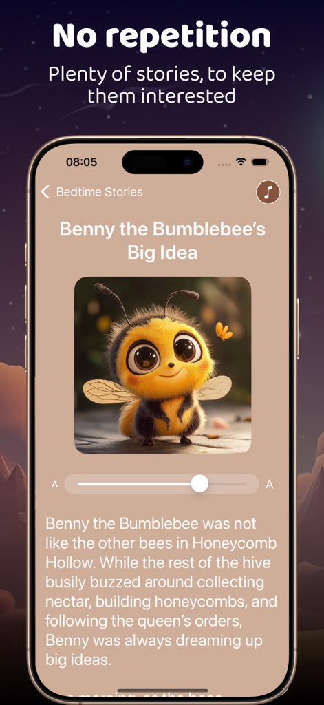 Baby Sleep Sounds by Comfy - Interfaz de la aplicación Sonidos para dormir bebés que muestra un cuento para la hora de dormir titulado Benny el abejorro con una linda ilustración de una abeja