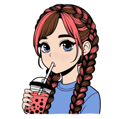 realistic girl with braided hair drinking boba