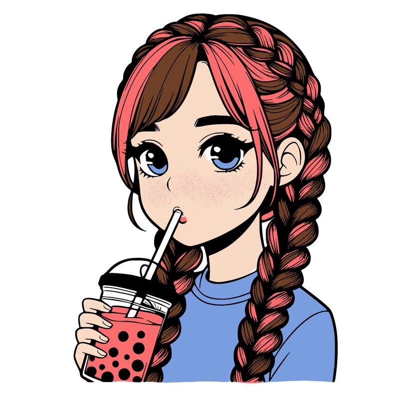 realistic girl with braided hair drinking boba