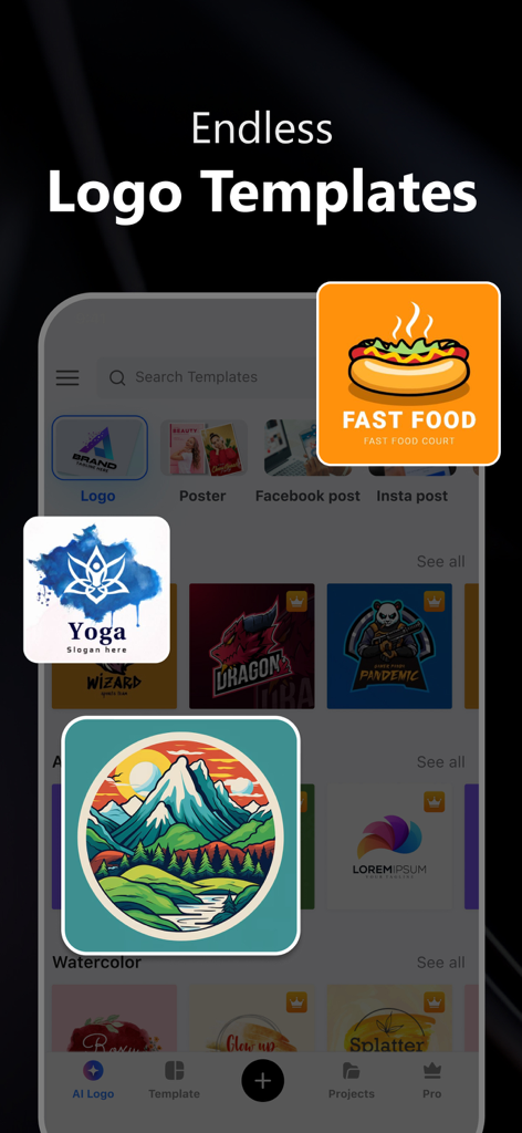 AI Logo Maker: Flyer Generator - Interface of an AI logo maker app showing multiple logo templates for different business categories.