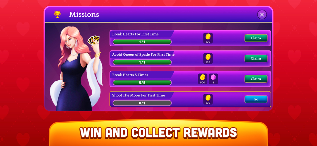 Hearts - Offline Card Game - Missions screen in the Hearts card game showing rewards for achievements like breaking hearts and shooting the moon