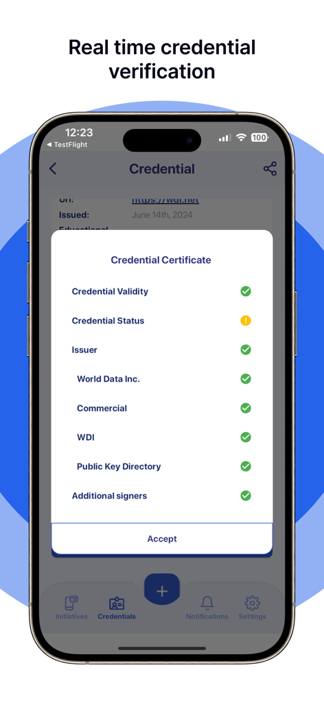 REM ID CREDENTIAL - REM ID CREDENTIAL app screen showing real-time digital certificate verification with multiple security status checks