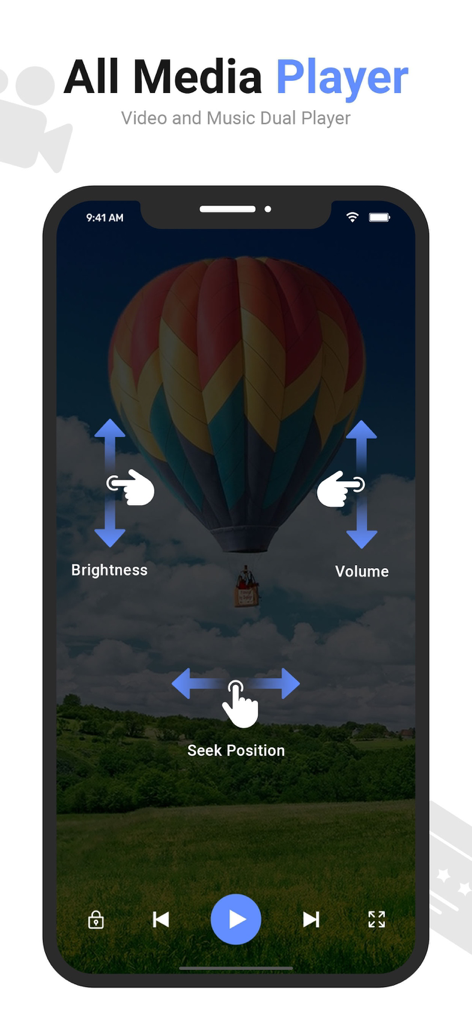 MX Video Player interface showing intuitive gesture controls for adjusting brightness volume and seek position during video playback