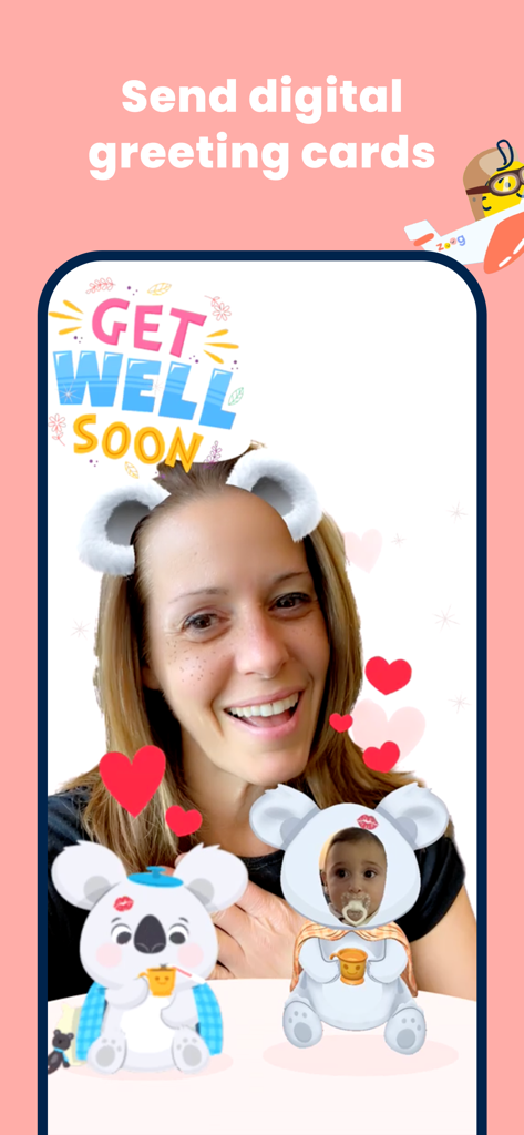 A woman using Zoog to send a digital Get Well Soon card with animated koala filters