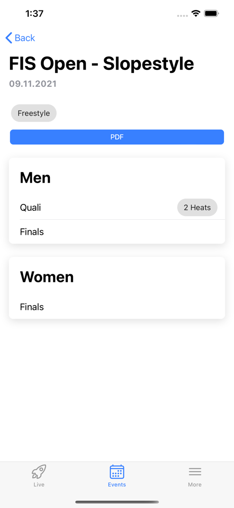 FIS Open Slopestyle event categories for men and women in the FEM Live mobile app